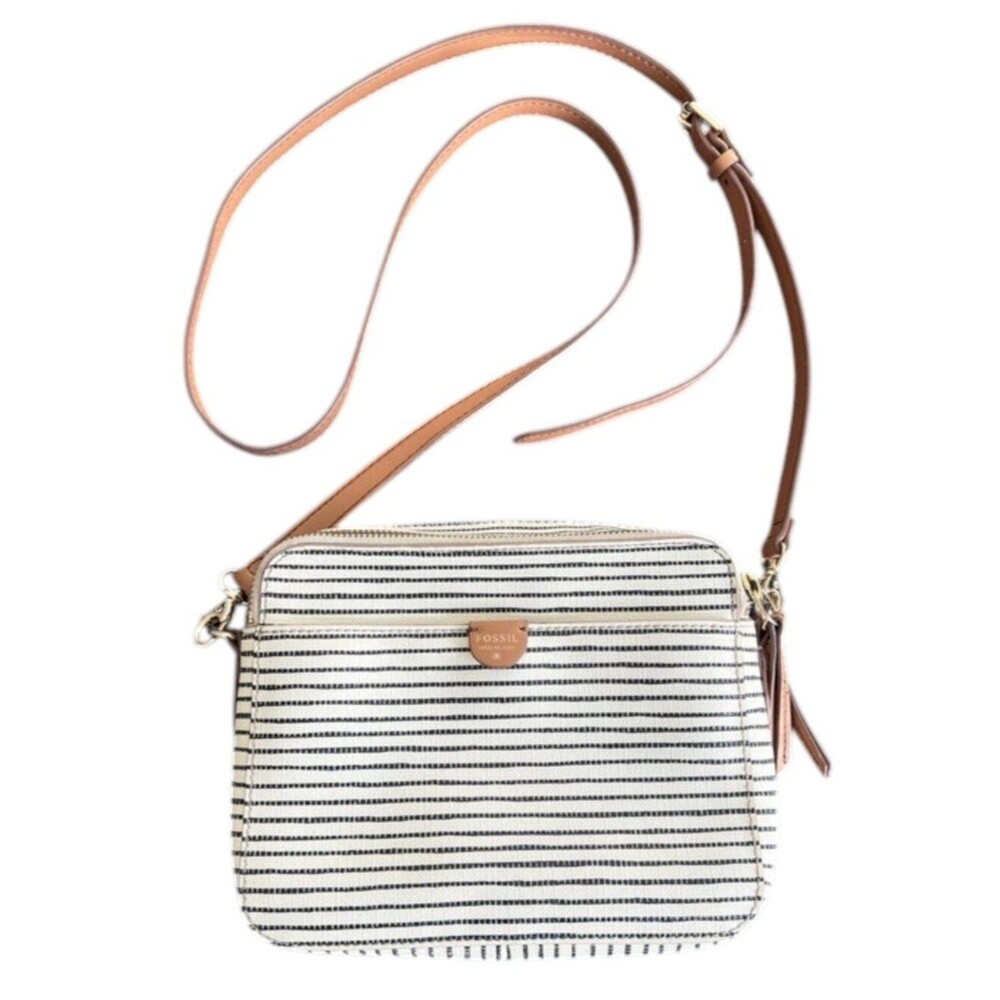 Fossil Stripe Crossbody Bag Cream Brown Canvas Coastal Grandmother Preppy